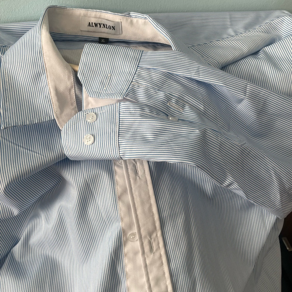 Mens Fashion Striped Shirt Casual Long Sleeve Light blue Xlarge brand new - Picture 6 of 6
